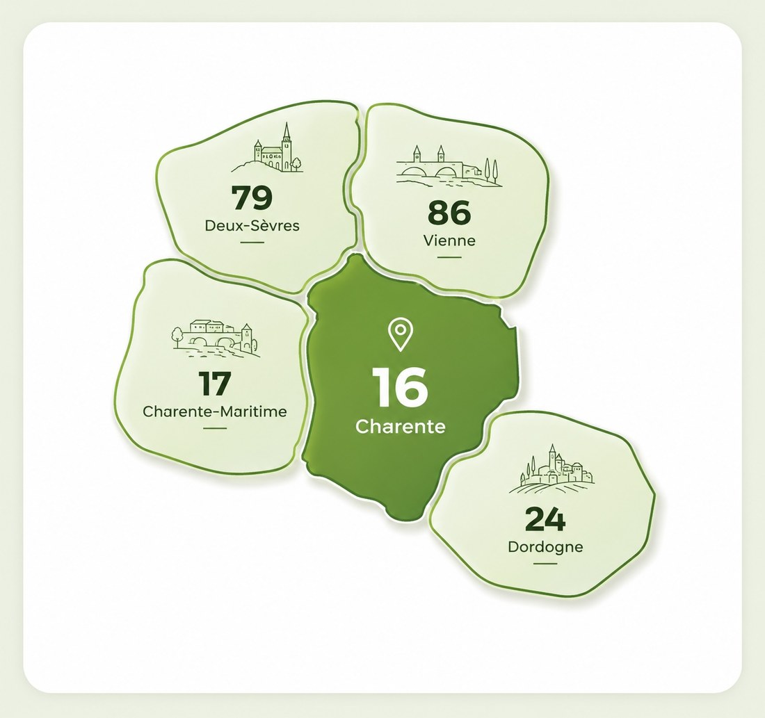 Zone d'intervention F3P : Charente (16), Charente-Maritime (17), Vienne (86), Deux-Sèvres (79) et Dordogne (24)